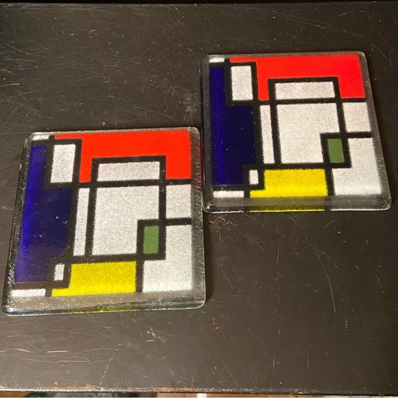 Mondrian Style Design Set of 2 Glass Wine Glass Colorblock Coasters 4" - Picture 1 of 3